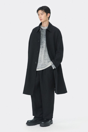 Black Wool Linen Balmacaan Coat