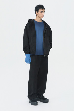 Black Poly Suede Hood Zip Jacket