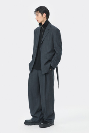 Grey Mid Length Striped Setup Jacket