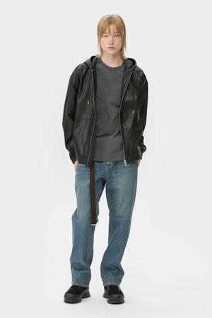 Black Leather Hood zip up Jacket