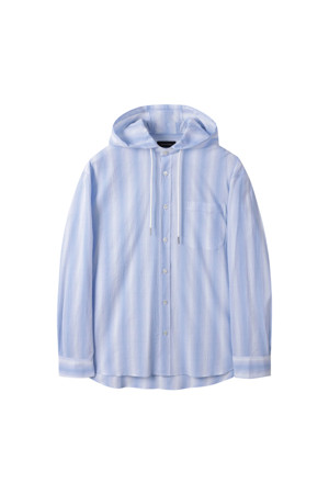 Blue Fine-Checkered Stripe Pattern Hooded Shirt