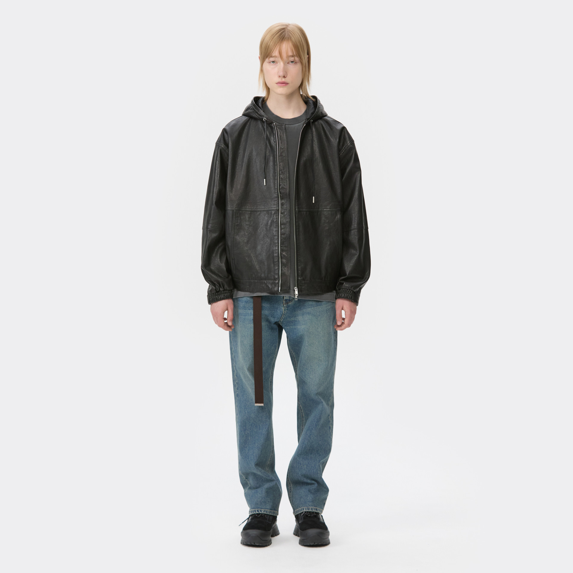 MUSINSA公式 | CUSTOMELLOW Black Leather Hood Zip Jacket CWUDW25712BKX