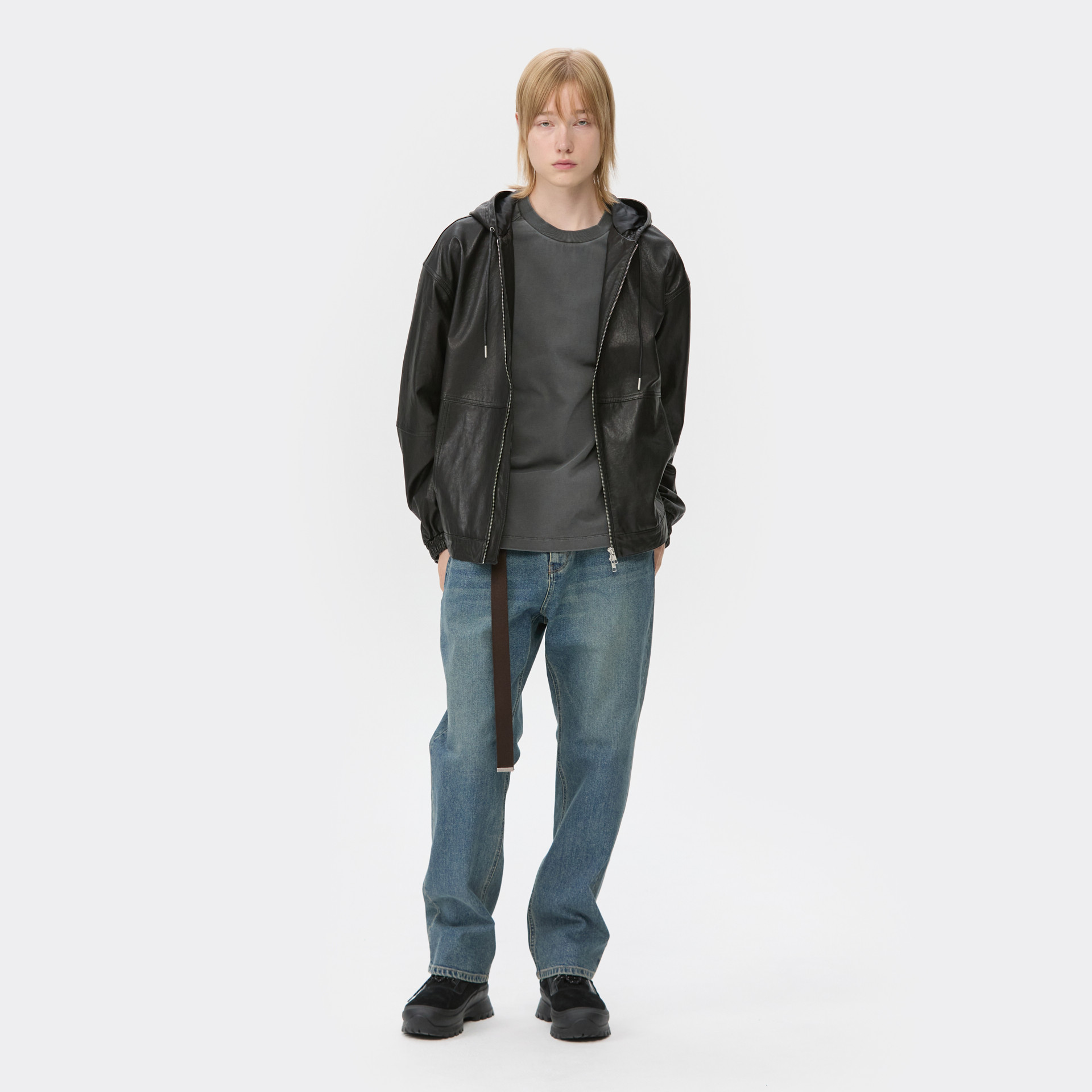 MUSINSA公式 | CUSTOMELLOW Black Leather Hood Zip Jacket CWUDW25712BKX