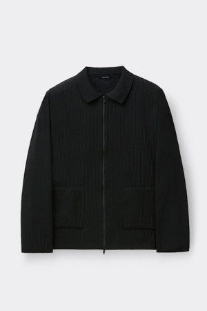 Black Pleated Poly Zip-Up Cardigan