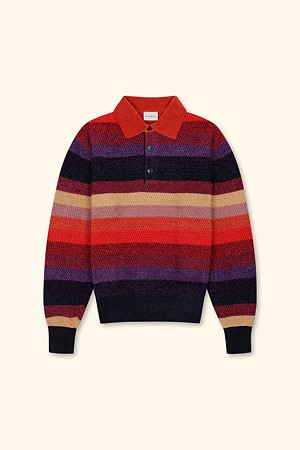 Chenille Striped Long Sleeve Polo Horse Patch