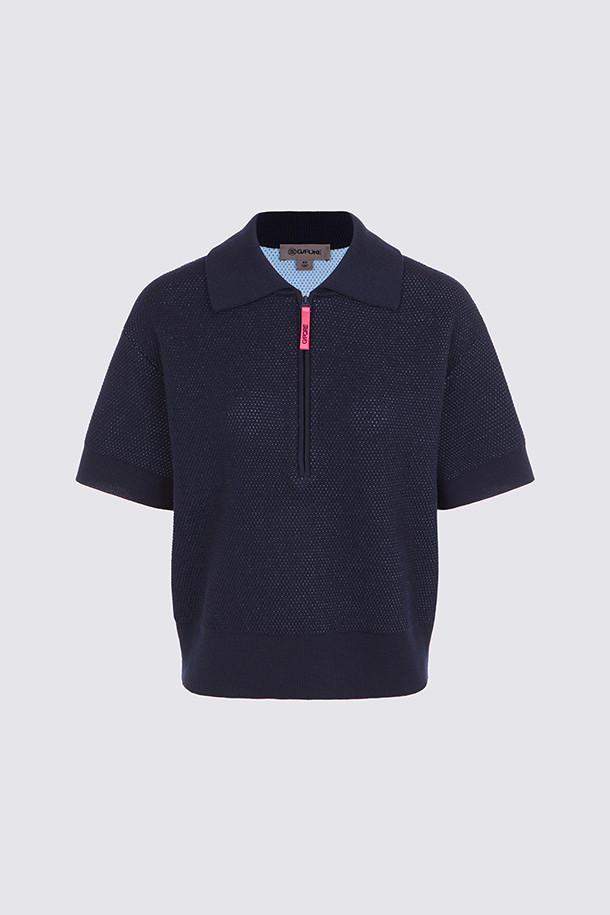 QUARTER ZIP SHORT SLEEVE SWEATER(WOMEN)_NAVY-a