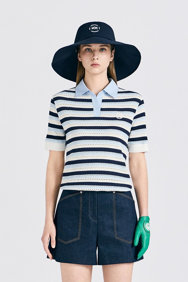 지포어-WOMEN APPAREL-CROCHET STRIPED POLO(WOMEN)