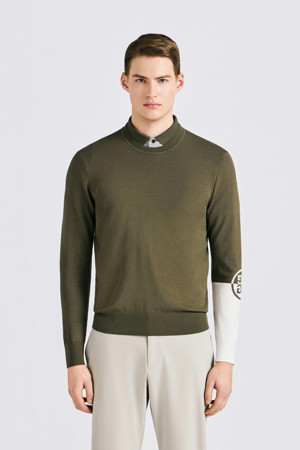 SLEEVE COLOR POINT ROUND NECK KNIT PULLOVER (MEN)_KHAKI-a