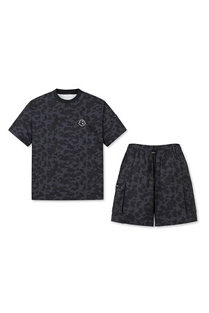 (M) Camo Patterned Crewneck Woven T-shirt Set Up