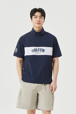 (M) Chest Boarder Line Woven Pullover_NAVY-a