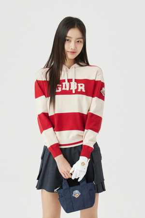 (W) Border Striped Hood Sweater 					 					