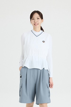 (W) V-neck Mid length Woven Vest					 					 					