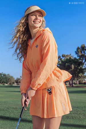 (W) Grid-Pattern Pleated Skirt	 					_ORANGE-a