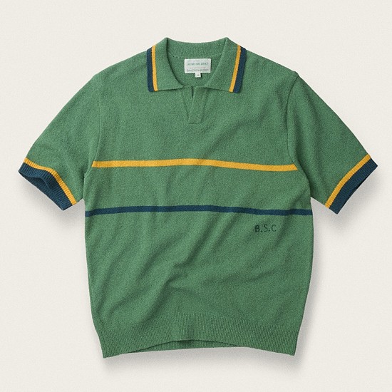 [British Sporting Club] Stripe Short-Sleeves Open-Polo Knit