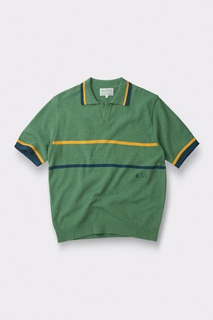 [British Sporting Club] Stripe Short-Sleeves Open-Polo Knit