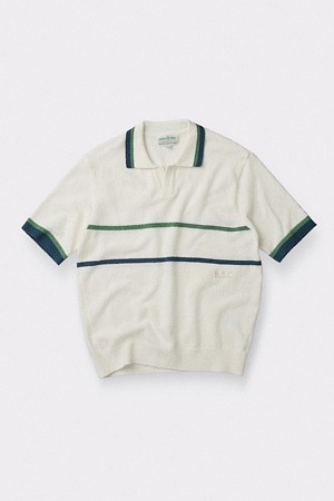 [British Sporting Club] Stripe Short-Sleeves Open-Polo Knit