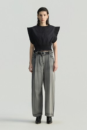 JASALINE 러플 스모킹 숏 블라우스