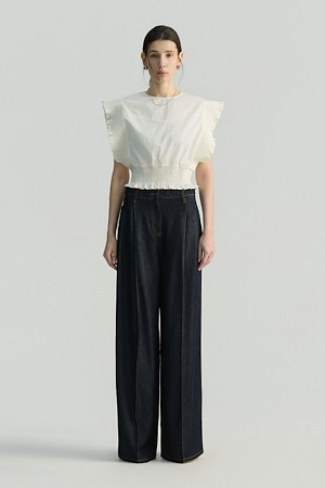 JASALINE 러플 스모킹 숏 블라우스