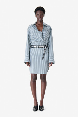 LAZUL 핀 스트라이프 랩 셔츠 드레스