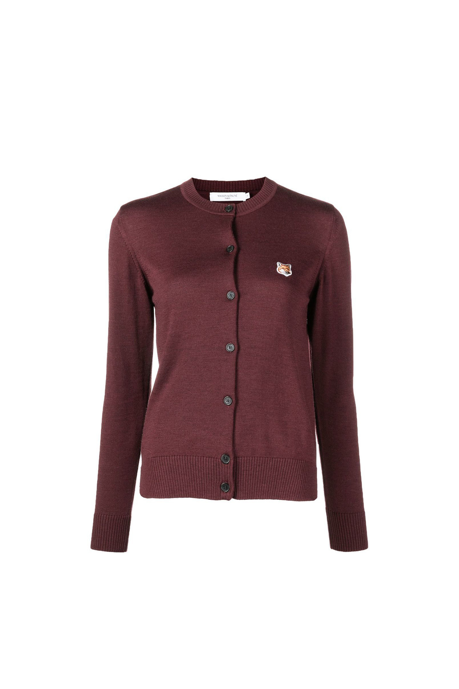 [MAISON KITSUNE] WOMEN FOX HEAD PATCH ADJUSTED R-NECK CARDIGAN - WINE LEES