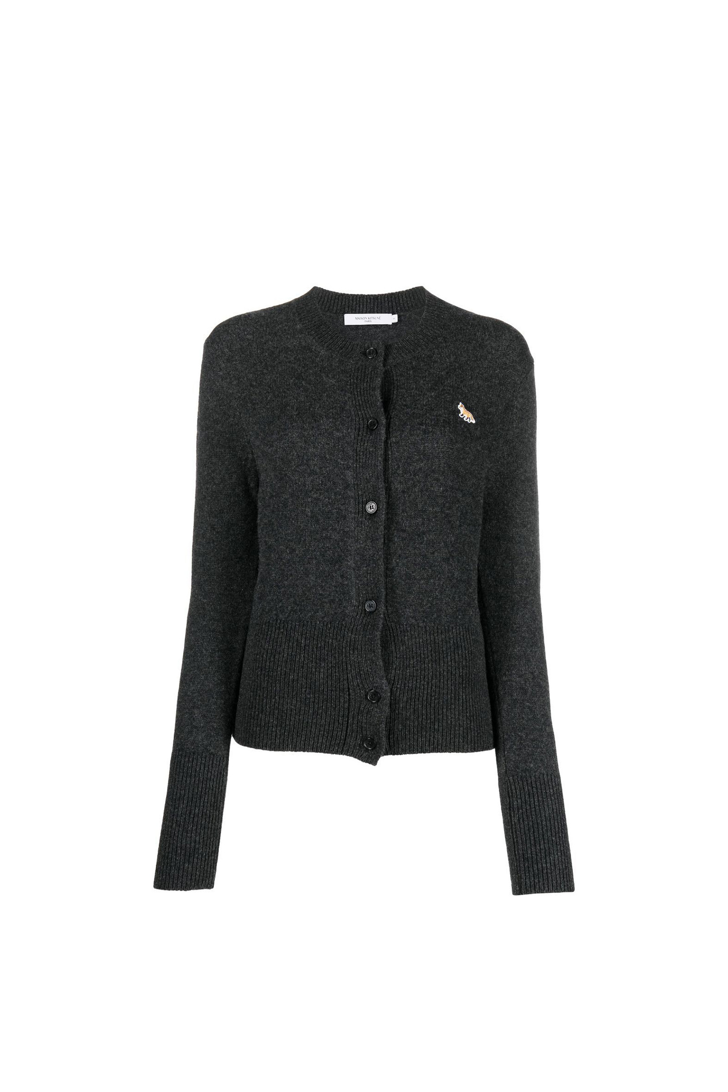 [MAISON KITSUNE] WOMEN BABY FOX PATCH R-NECK FITTED CARDIGAN - DARK GREY MELANGE