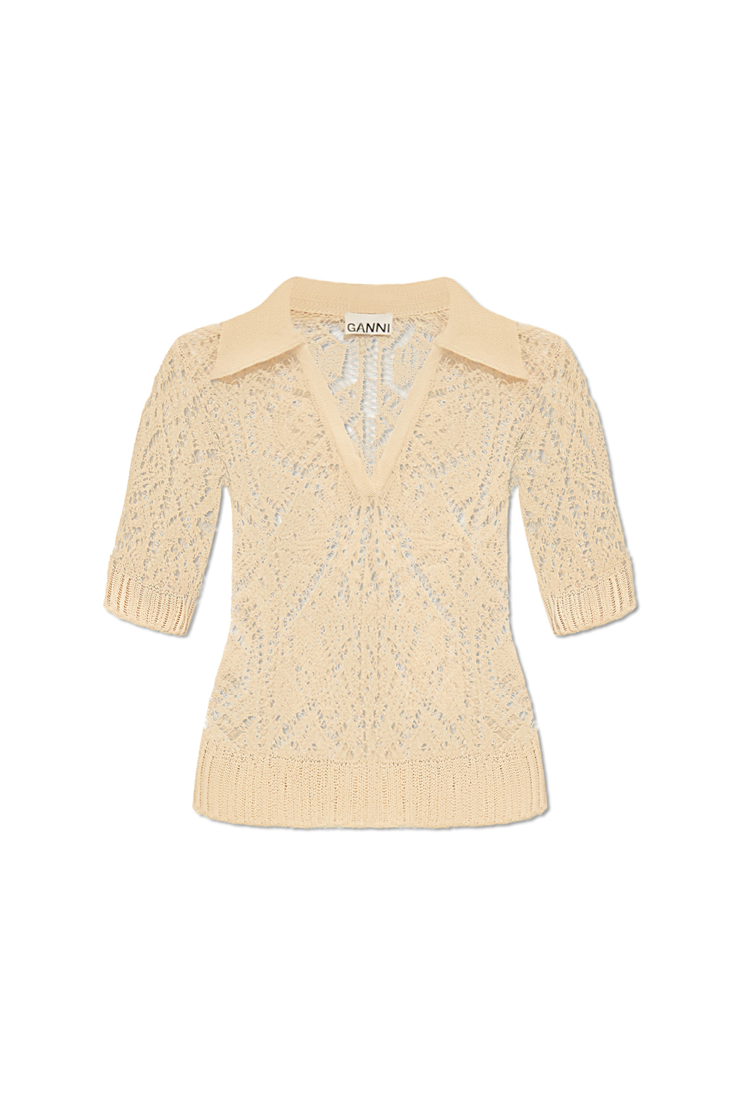 (GANNI) COTTON LACE POLO SWEATER - K2200 135 EGRET