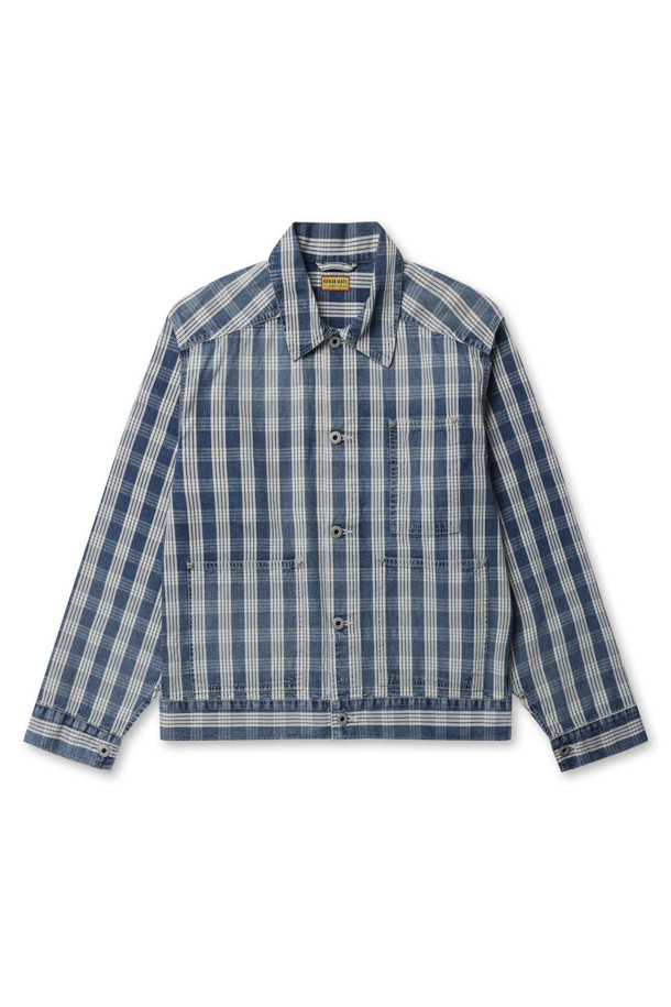 WORK 재킷 - 인디고 워크 재킷은 남성용으로, 봄, 가을에 입기 좋은 데님 소재의 아우터입니다. 캐주얼, 워크웨어, 미니멀 스타일을 아우르는 디자인으로, 체크 패턴과 레귤러핏이 특징입니다. 크롭 기장에 긴 소매, 버튼 여밈 방식이며, 체인 스티치 백 로고와 버튼 각인 디테일이 돋보입니다. 동네 마실룩, 가을 나들이룩에 적합한 워크웨어 스타일의 재킷입니다.
