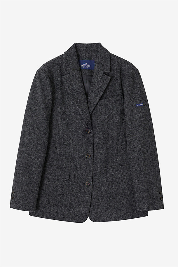 세인트 제임스(Saint James) 아뜰리에 - 차콜 자켓은 여성용 아우터로, 가을과 겨울에 포멀 및 캐주얼 스타일 모두 소화 가능한 테일러드 코트입니다. 헤링본 패턴의 차콜 컬러, 레귤러 핏과 긴 소매 기장으로 클래식한 분위기를 연출합니다. 울 소재에 두꺼운 두께감으로 보온성을 높였으며, 숄더 패드, 하프 라이닝, 슬릿 디테일과 로고 각인 버튼 등의 섬세한 디테일이 돋보입니다. 안감은 폴리에스테르로 제작되었으며, 오피스룩, 모임룩, 겨울 데일리룩에 시크하고 미니멀한 스타일을 더해 줍니다.
