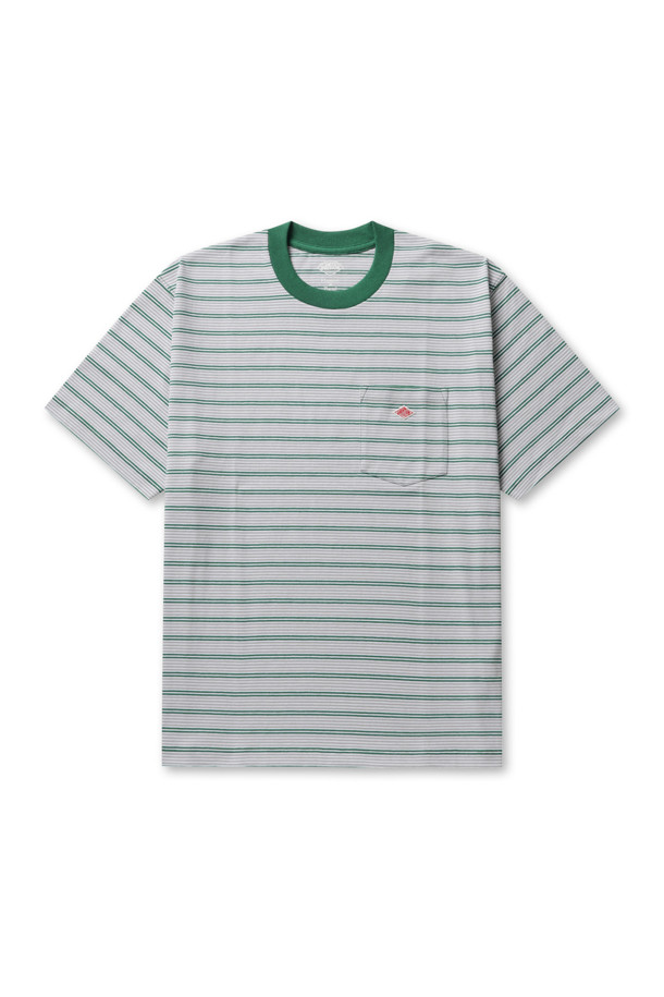 **MENS SHORT SLEEVE POCKET T-SHIRT STRIPE - GREEN X GREY (남성 반소매 포켓 티셔츠 스트라이프 - 그린 X 그레이)**

산뜻한 그린과 그레이 컬러 배색의 스트라이프 패턴이 돋보이는 남성용 반팔 티셔츠입니다. 부드러운 면과 폴리에스테르 혼방 소재로 제작되어 편안한 착용감을 선사하며, 캐주얼하고 베이직한 스타일을 연출합니다. 라운드넥 디자인에 루즈핏으로 제작되어 활동성이 뛰어나며, 가슴 포켓과 DANTON (당통) 로고 패치가 포인트를 더합니다. 봄, 여름 시즌 일상에서 동네 마실룩 또는 산책룩으로 활용하기 좋은 아이템입니다.
