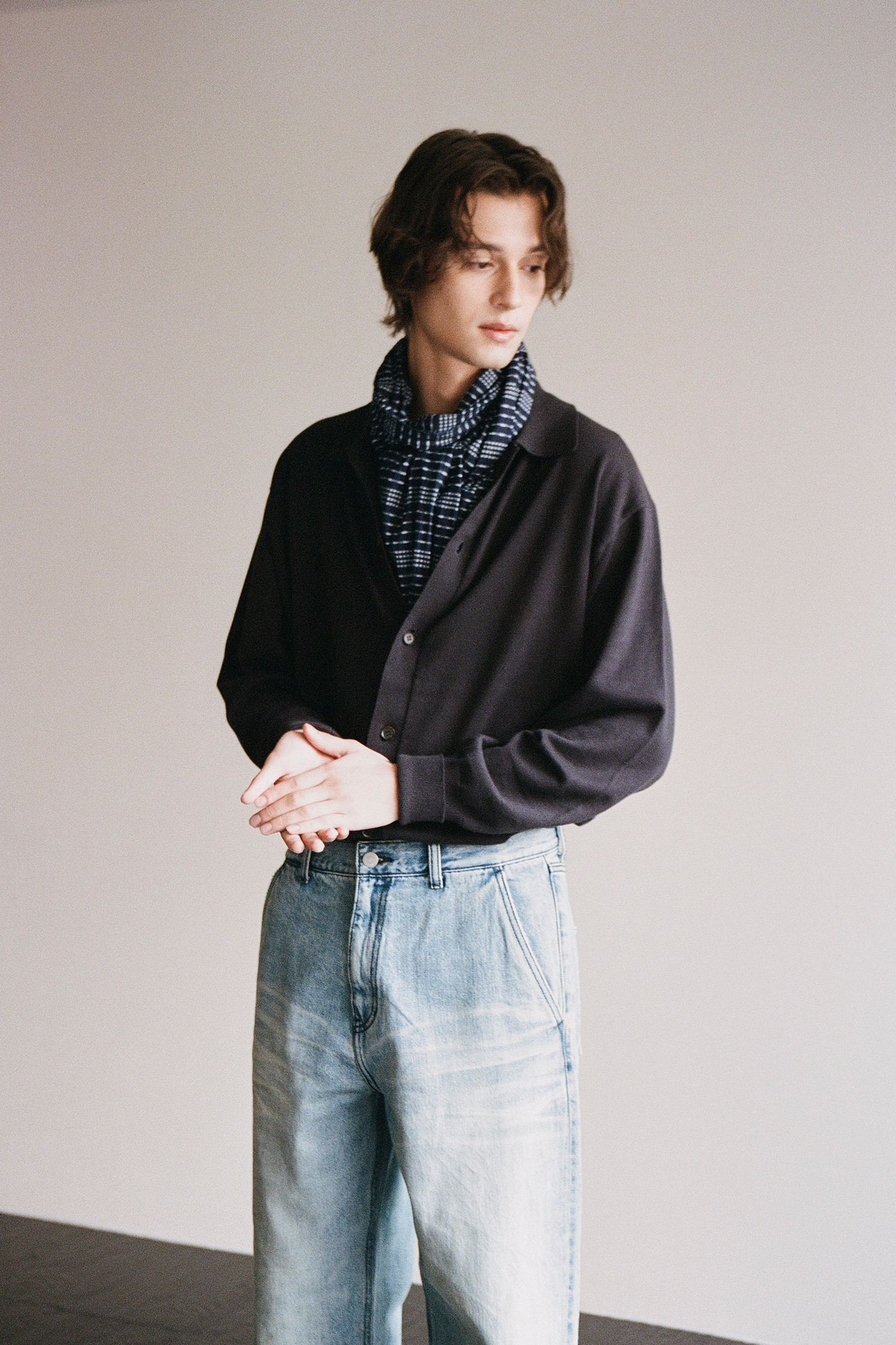 OURSELVES - 가디건 - (OURSELVES) Collar Cardigan Dark Navy