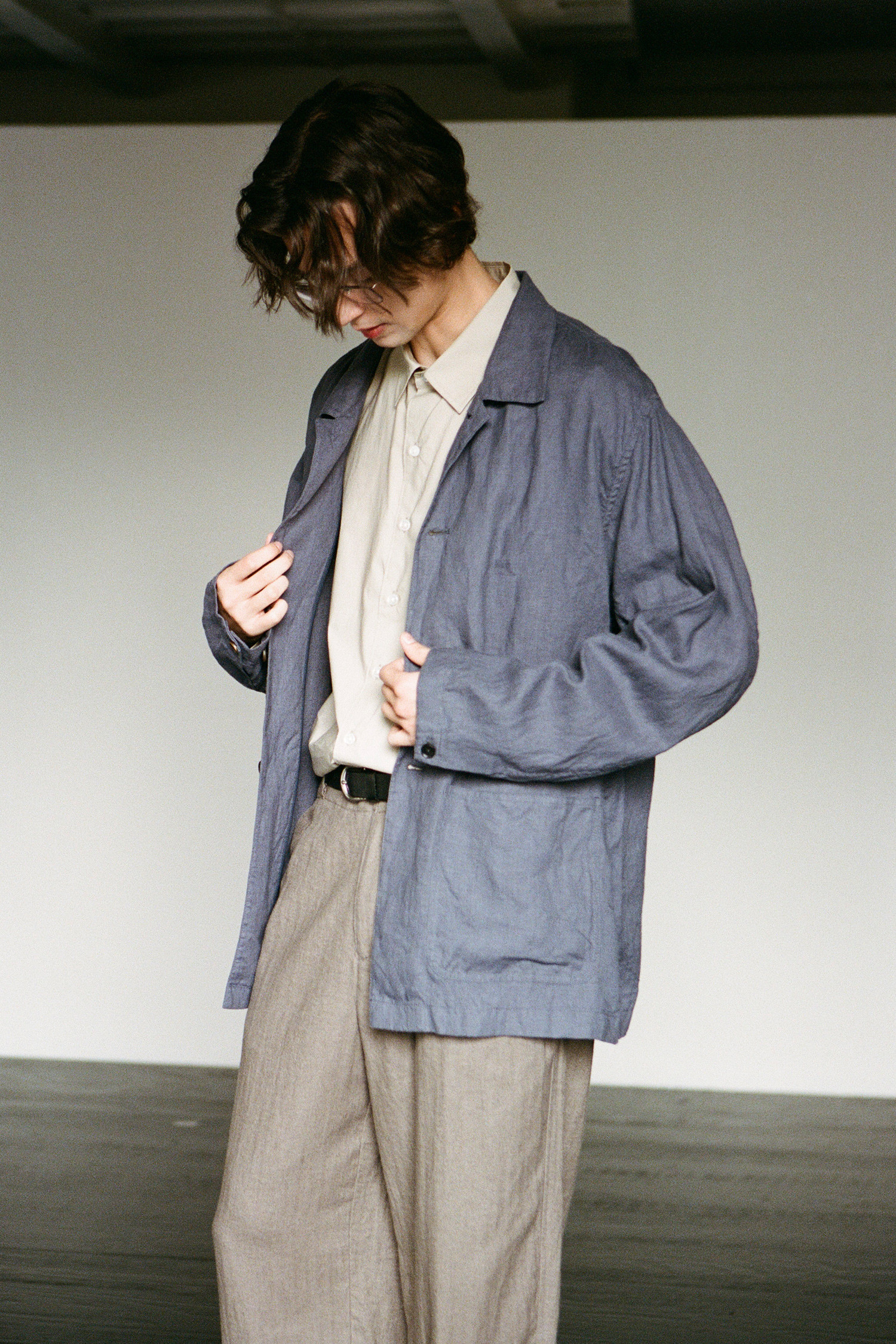 OURSELVES - 블루종/점퍼 - (OURSELVES) Premium Linen Work Jacket - Dusty Navy