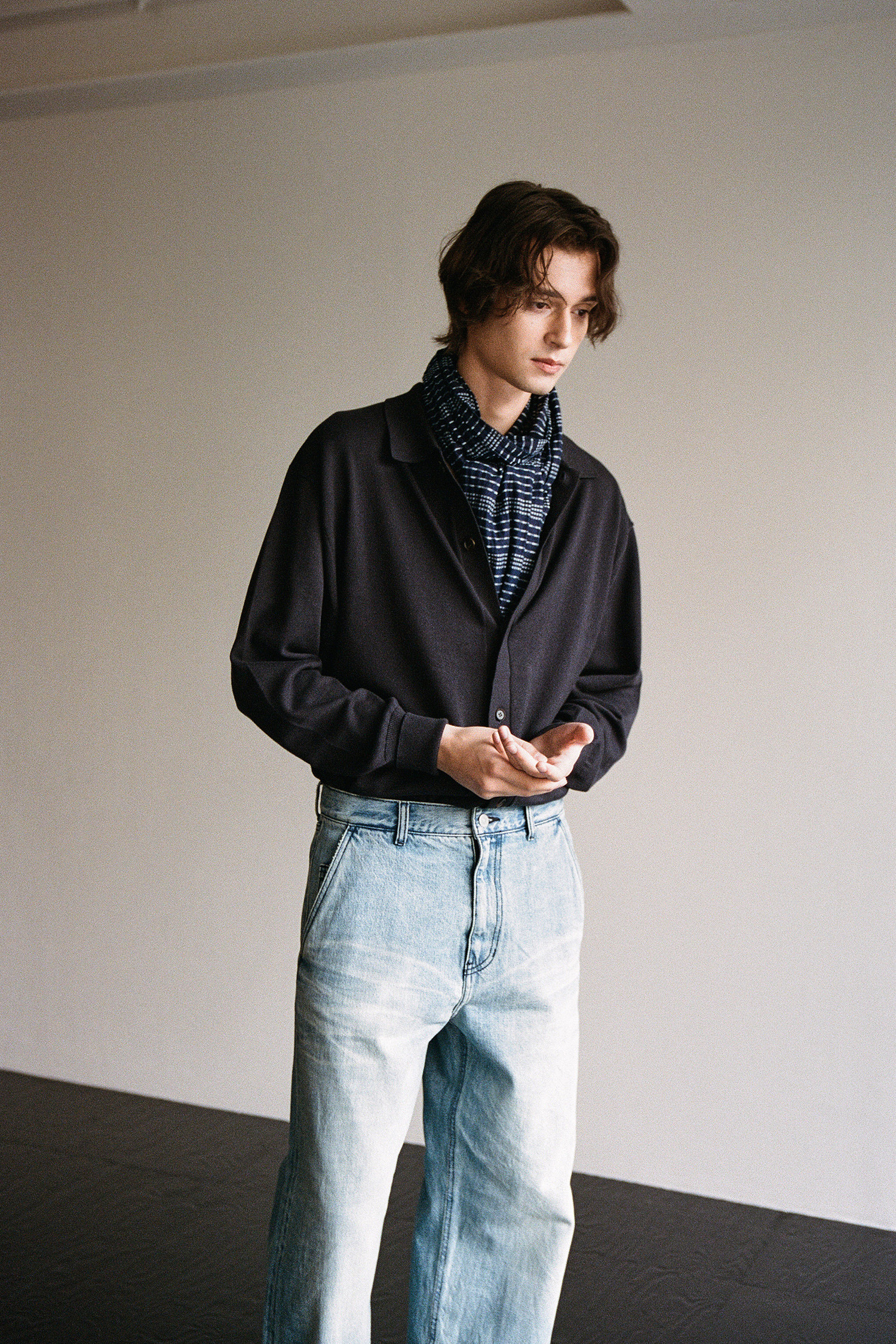 OURSELVES - 가디건 - (OURSELVES) Collar Cardigan Dark Navy