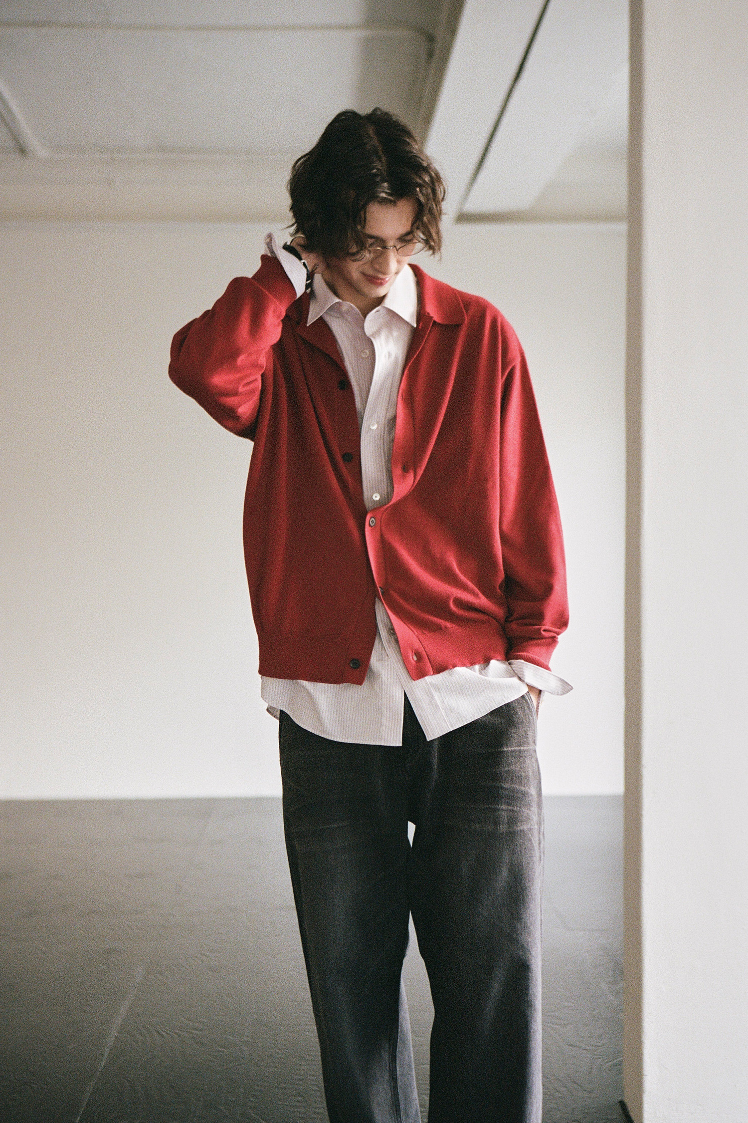 OURSELVES - 가디건 - (OURSELVES) Collar Cardigan Red