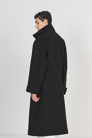 PURE WOOL STAND COLLAR COAT - BLACK