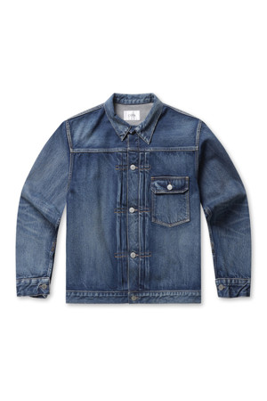 Single Pocket Denim Jacket (Real Indigo) - Medium Dark Blue Damage