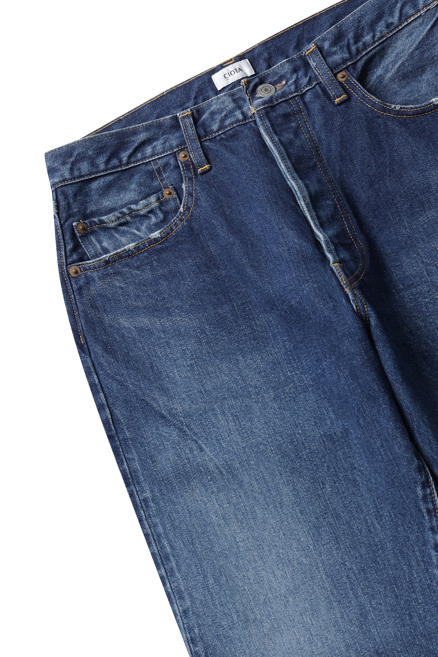 CIOTA] Straight 5 Pocket Pants (Real Indigo) - Medium Dark Blue Damage