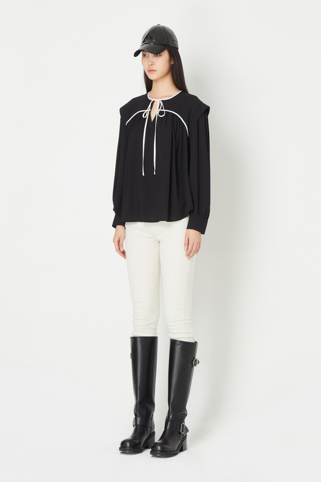 LUCKY CHOUETTE - 블라우스 - Coloring Point Polyester Long-Sleeved Blouse