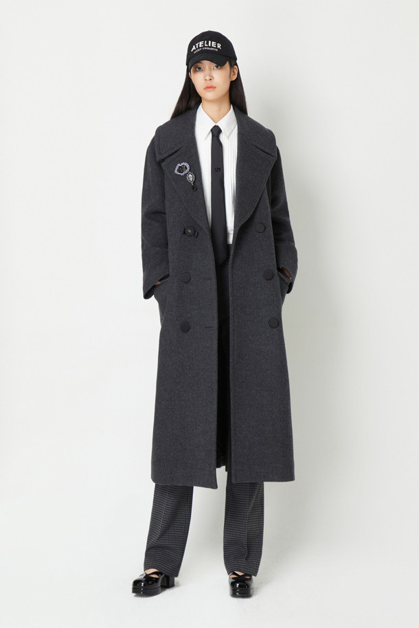 LUCKY CHOUETTE - 코트 - [Atelier] Back Buckle Decoration Double Long Coat