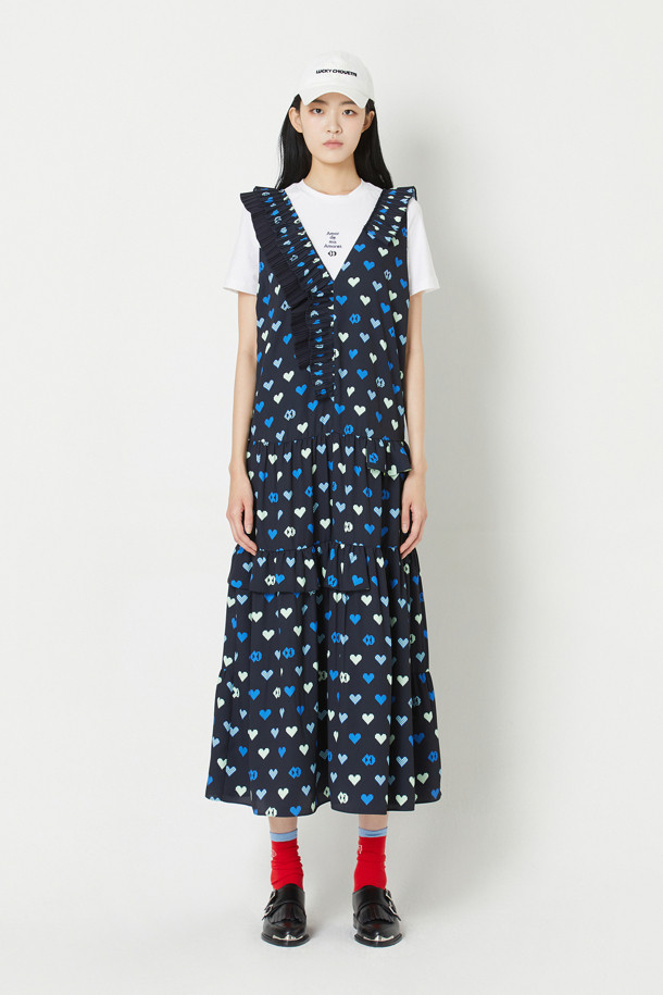 LUCKY CHOUETTE - 민소매 원피스 - Heart Pixel Frill Block Layered Long Dress