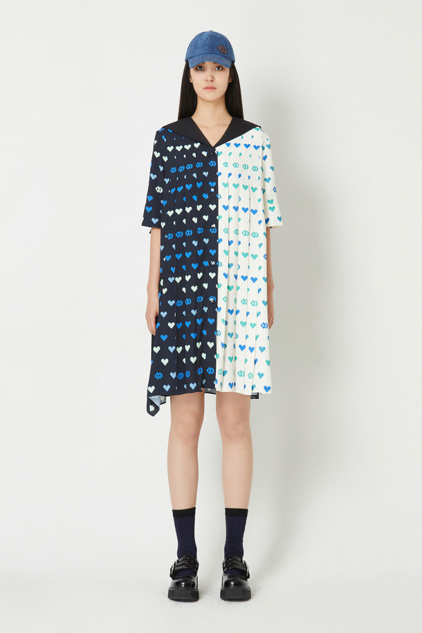 LUCKY CHOUETTE - 원피스 - Heart Pixel Color Block Pleats Short-Sleeved Dress