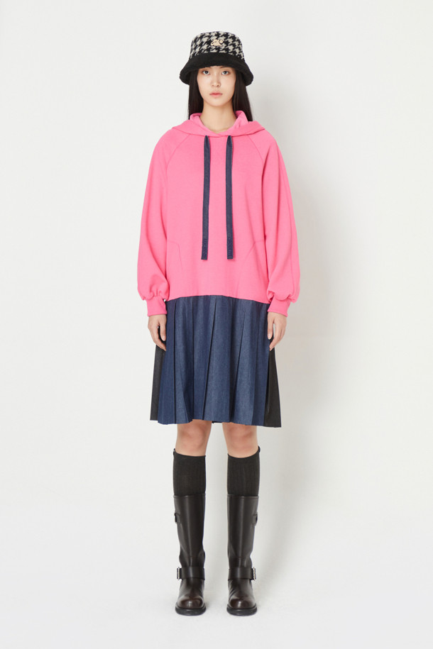 LUCKY CHOUETTE - 긴소매 원피스 - Hem Pleated Colored Hooded Jersey Dress