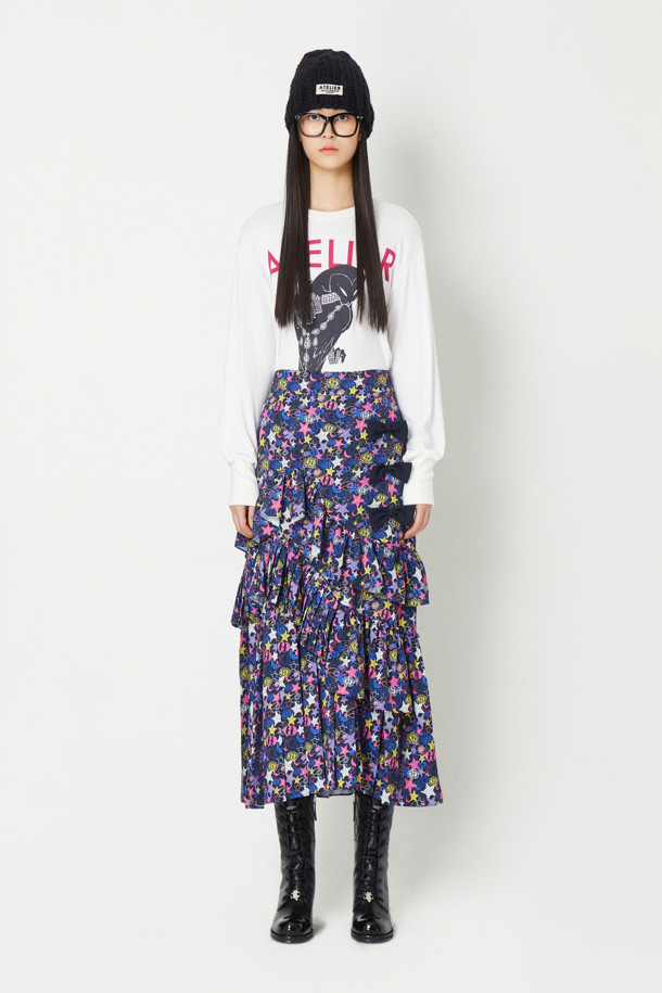 LUCKY CHOUETTE - 스커트/팬츠 - [Atelier] Ribbon Point Shirring Long Skirt (Jewelry Print)