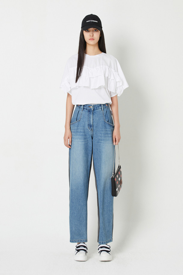 LUCKY CHOUETTE - 스커트/팬츠 - Front Back Color Block Denim Pants