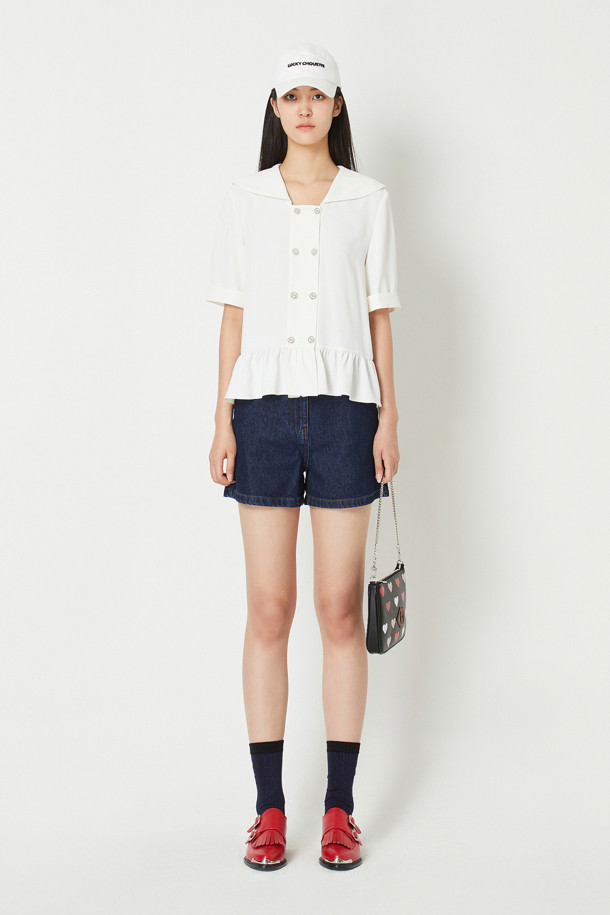 LUCKY CHOUETTE - 블라우스/셔츠 - Polyester Sailor Short-Sleeved Blouse