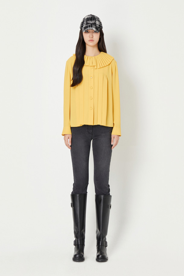 LUCKY CHOUETTE - 블라우스/셔츠 - Pleated Point Polyester Long-Sleeved Blouse