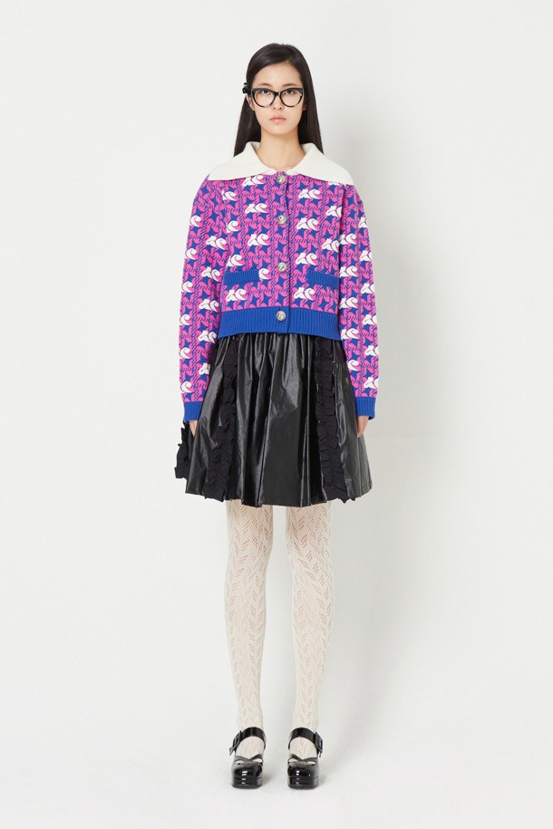 LUCKY CHOUETTE - 니트/가디건 - Lucky Chouette Jacquard Color Coloring Collar Cardigan