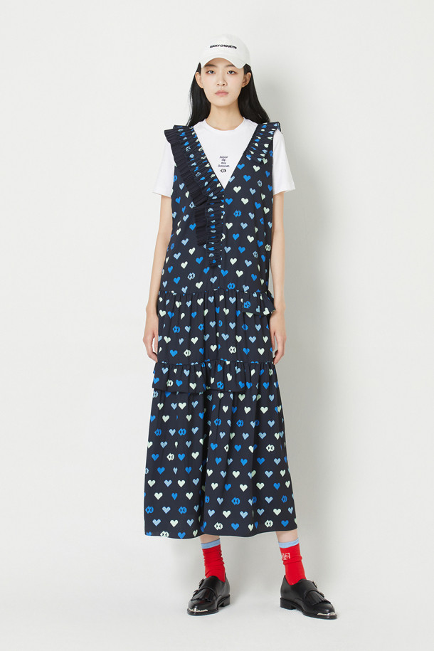 LUCKY CHOUETTE - 민소매 원피스 - Heart Pixel Frill Block Layered Long Dress