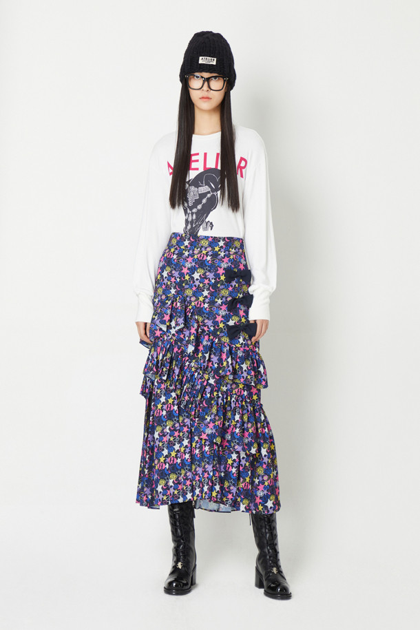 LUCKY CHOUETTE - 스커트/팬츠 - [Atelier] Ribbon Point Shirring Long Skirt (Jewelry Print)