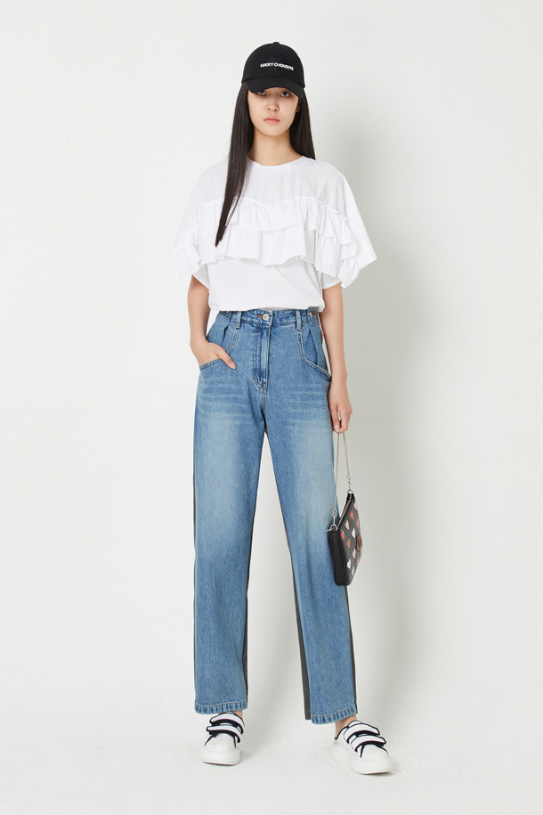 LUCKY CHOUETTE - 스커트/팬츠 - Front Back Color Block Denim Pants