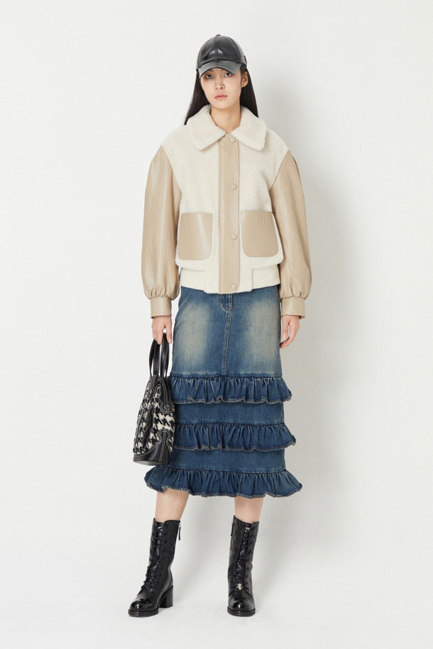 LUCKY CHOUETTE - 미디스커트 - Back Banding Frill Denim Skirt